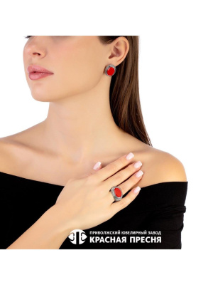 Серьги серебро 925 пробы, покрытие - оксидирование, вставка - искусственный коралл