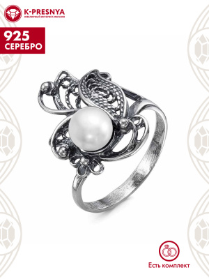 Кольцо серебро 925 пробы, покрытие - оксидирование, вставка - культивированный жемчуг