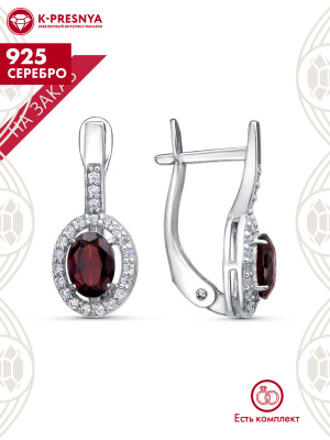 Серьги серебро 925 пробы, покрытие - родирование, вставка - гранат (полудрагоценный камень), фианит (недрагоценный камень)