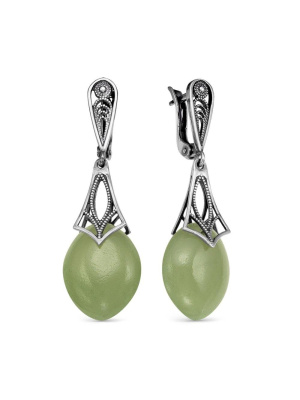 Серьги серебро 925 пробы, покрытие - оксидирование, вставка - искусственный нефрит