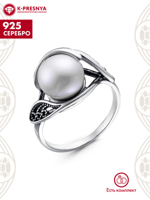 Кольцо серебро 925 пробы, покрытие - оксидирование, вставка - культивированный жемчуг
