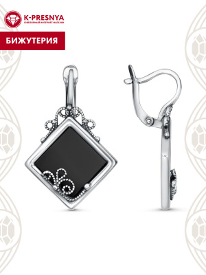 Серьги бижутерия, покрытие - серебрение с оксидированием, вставка - искусственный агат черный