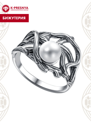 Кольцо бижутерия, покрытие - серебрение с оксидированием, вставка - имитация жемчуга