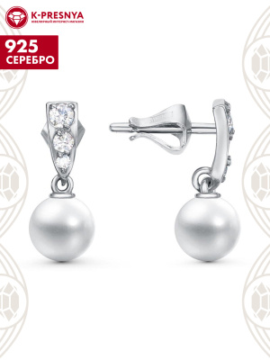 Серьги серебро 925 пробы, покрытие - родирование, вставка - имитация жемчуга, фианит (недрагоценный камень)