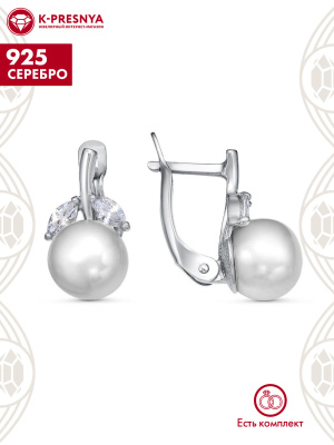 Серьги серебро 925 пробы, покрытие - родирование, вставка - культивированный жемчуг, фианит (недрагоценный камень)