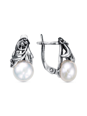 Серьги серебро 925 пробы, покрытие - оксидирование, вставка - культивированный жемчуг