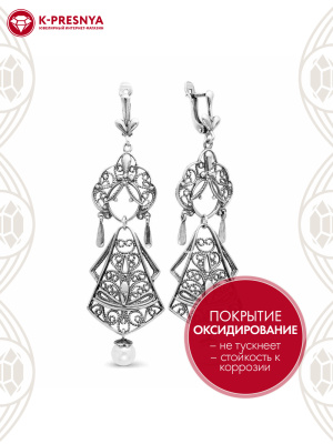 Серьги серебро 925 пробы, покрытие - оксидирование, вставка - имитация жемчуга