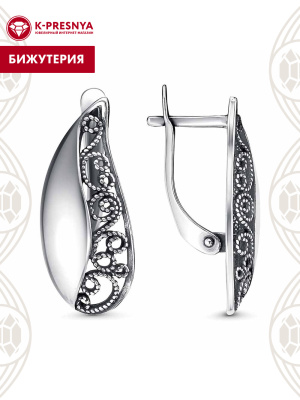 Серьги бижутерия, покрытие - серебрение с оксидированием, без вставок