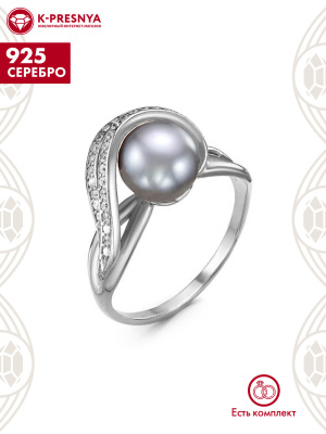 Кольцо серебро 925 пробы, покрытие - родирование, вставка - культивированный жемчуг, фианит (недрагоценный камень)