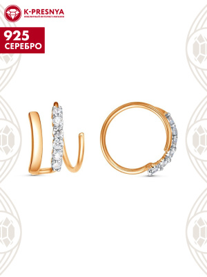 Серьга серебро 925 пробы, покрытие - золочение, выборочное родирование, вставка - фианит (недрагоценный камень)