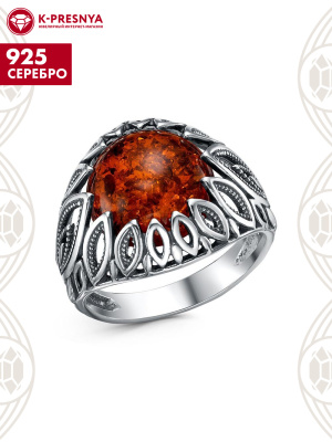 Кольцо серебро 925 пробы, покрытие - оксидирование, вставка - искусственный янтарь