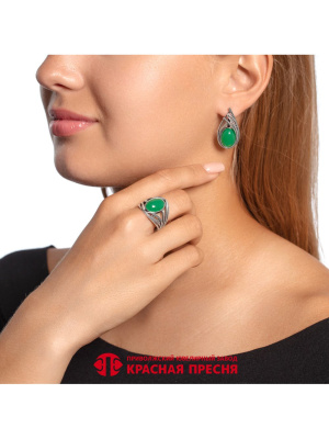 Серьги серебро 925 пробы, покрытие - оксидирование, вставка - искусственный агат зелёный