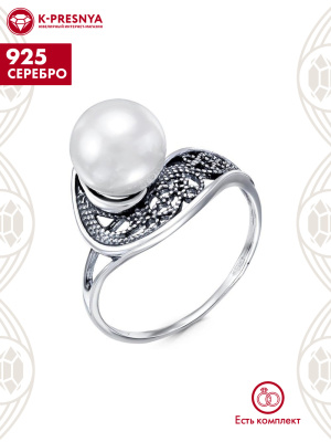 Кольцо серебро 925 пробы, покрытие - оксидирование, вставка - имитация жемчуга