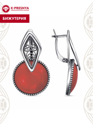 Серьги бижутерия, покрытие - серебрение с оксидированием, вставка - искусственный коралл
