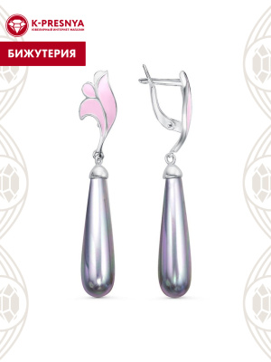 Серьги бижутерия, покрытие - серебрение, отделка - эмаль, вставка - имитация жемчуга