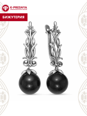 Серьги бижутерия, покрытие - серебрение с оксидированием, вставка - имитация жемчуга