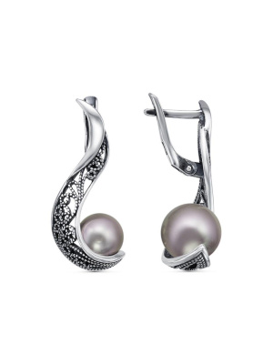 Серьги бижутерия, покрытие - серебрение с оксидированием, вставка - имитация жемчуга