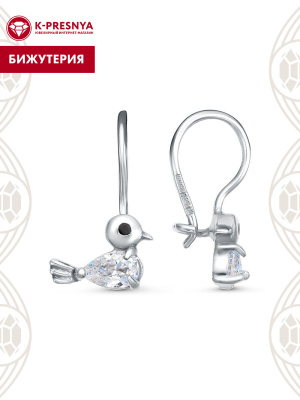 Серьги бижутерия, покрытие - платинирование, отделка - эмаль, вставка - фианит (недрагоценный камень)