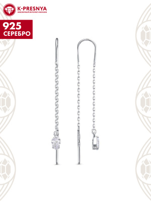 Серьги серебро 925 пробы, покрытие - родирование, вставка - фианит (недрагоценный камень)