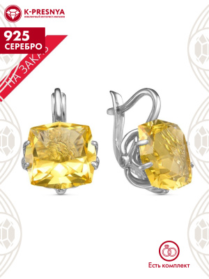 Серьги серебро 925 пробы, покрытие - родирование, вставка - искусственный золотистый топаз