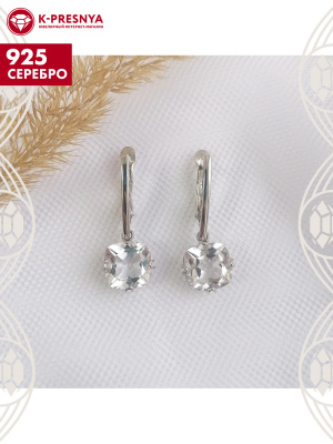 Серьги серебро 925 пробы, покрытие - родирование, вставка - горный хрусталь