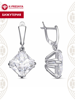 Серьги бижутерия, покрытие - платинирование, вставка - фианит (недрагоценный камень)