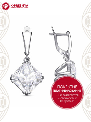 Серьги бижутерия, покрытие - платинирование, вставка - фианит (недрагоценный камень)