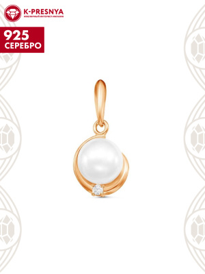 Подвеска серебро 925 пробы, покрытие - золочение, вставка - имитация жемчуга, фианит (недрагоценный камень)
