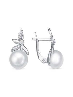 Серьги серебро 925 пробы, покрытие - родирование, вставка - культивированный жемчуг, фианит (недрагоценный камень)