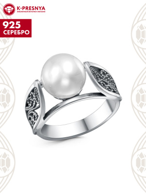 Кольцо серебро 925 пробы, покрытие - оксидирование, вставка - имитация жемчуга