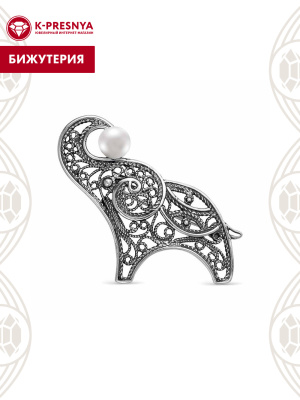 Брошь бижутерия, покрытие - серебрение с оксидированием, вставка - культивированный жемчуг