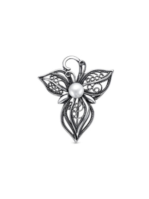 Брошь серебро 925 пробы, покрытие - оксидирование, вставка - культивированный жемчуг