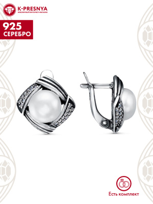 Серьги серебро 925 пробы, покрытие - оксидирование, вставка - культивированный жемчуг, фианит (недрагоценный камень)