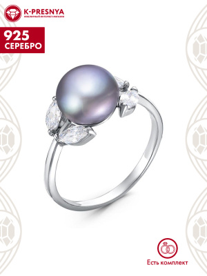 Кольцо серебро 925 пробы, покрытие - родирование, вставка - культивированный жемчуг, фианит (недрагоценный камень)