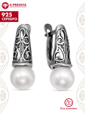 Серьги серебро 925 пробы, покрытие - оксидирование, вставка - имитация жемчуга