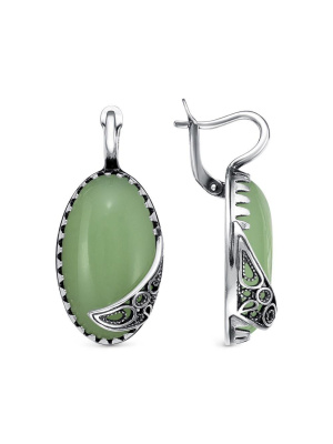 Серьги бижутерия, покрытие - серебрение с оксидированием, вставка - искусственный нефрит