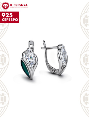 Серьги серебро 925 пробы, покрытие - родирование, отделка - эмаль, вставка - фианит (недрагоценный камень)
