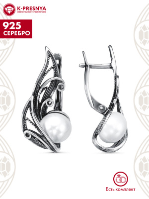 Серьги серебро 925 пробы, покрытие - оксидирование, вставка - культивированный жемчуг
