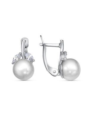 Серьги бижутерия, покрытие - серебрение, вставка - культивированный жемчуг, фианит (недрагоценный камень)