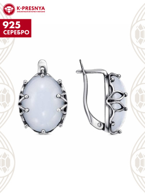 Серьги серебро 925 пробы, покрытие - оксидирование, вставка - искусственный агат белый