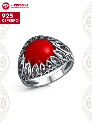 Кольцо серебро 925 пробы, покрытие - оксидирование, вставка - искусственный коралл