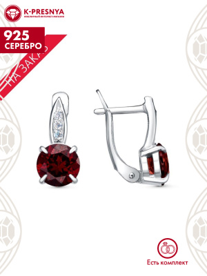 Серьги серебро 925 пробы, покрытие - родирование, вставка - гранат (полудрагоценный камень), фианит (недрагоценный камень)
