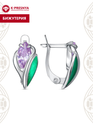Серьги бижутерия, покрытие - платинирование, отделка - эмаль, вставка - фианит (недрагоценный камень)
