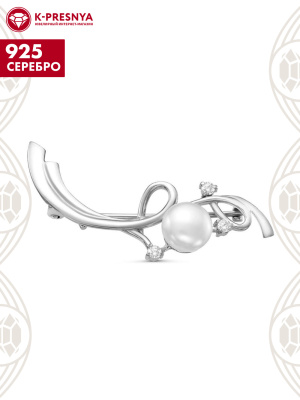 Брошь серебро 925 пробы, покрытие - родирование, вставка - культивированный жемчуг, фианит (недрагоценный камень)