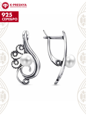 Серьги серебро 925 пробы, покрытие - оксидирование, вставка - культивированный жемчуг