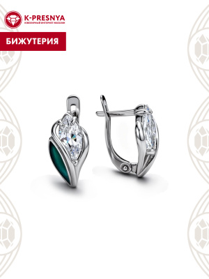 Серьги бижутерия, покрытие - платинирование, отделка - эмаль, вставка - фианит (недрагоценный камень)