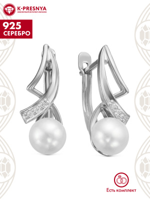 Серьги серебро 925 пробы, покрытие - родирование, вставка - культивированный жемчуг, фианит (недрагоценный камень)