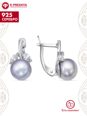 Серьги серебро 925 пробы, покрытие - родирование, вставка - культивированный жемчуг, фианит (недрагоценный камень)