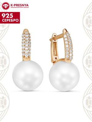 Серьги серебро 925 пробы, покрытие - золочение, вставка - имитация жемчуга, фианит (недрагоценный камень)