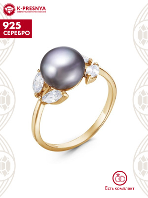 Кольцо серебро 925 пробы, покрытие - золочение, вставка - культивированный жемчуг, фианит (недрагоценный камень)